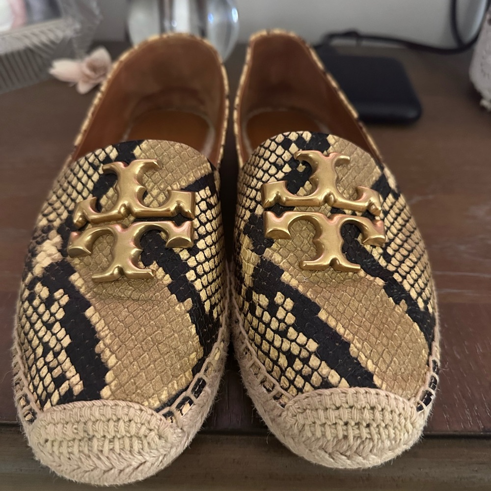 Tory Burch Gold and Black Espadrille Flats with Metal Emblem